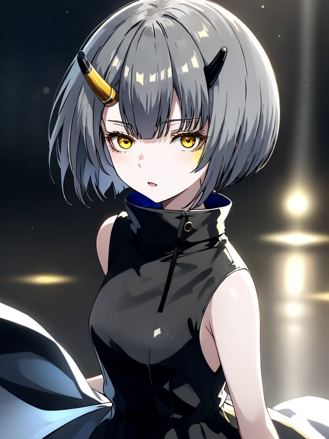 best quality, 8k, 8k UHD, ultra-high resolution, ultra-high definition, highres
,//Character, 
1girl, solo
,//Fashion, 
,//Background, 
,//Others, ,Expressiveh,
Ataru, short hair, grey hair, yellow eyes, heterochromia, glowing, single horn, dress