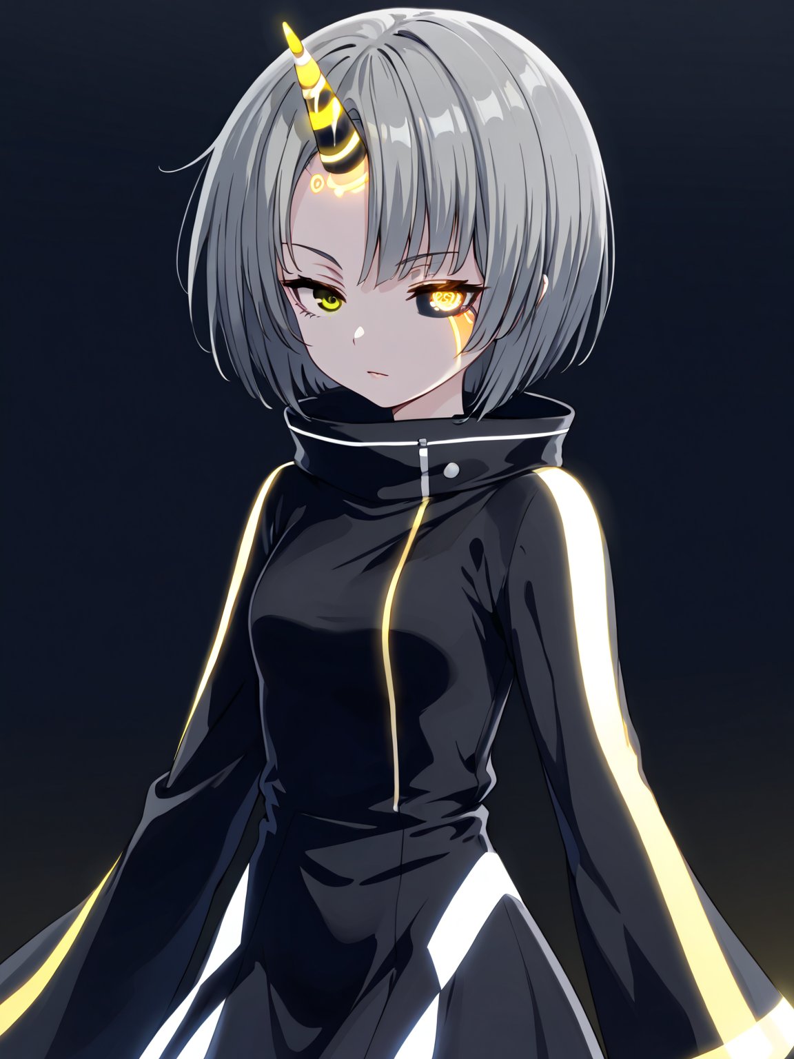 best quality, 8k, 8k UHD, ultra-high resolution, ultra-high definition, highres
,//Character, 
1girl, solo
,//Fashion, 
,//Background, 
,//Others, ,Expressiveh,
Ataru, short hair, grey hair, yellow eyes, heterochromia, glowing, single horn, dress