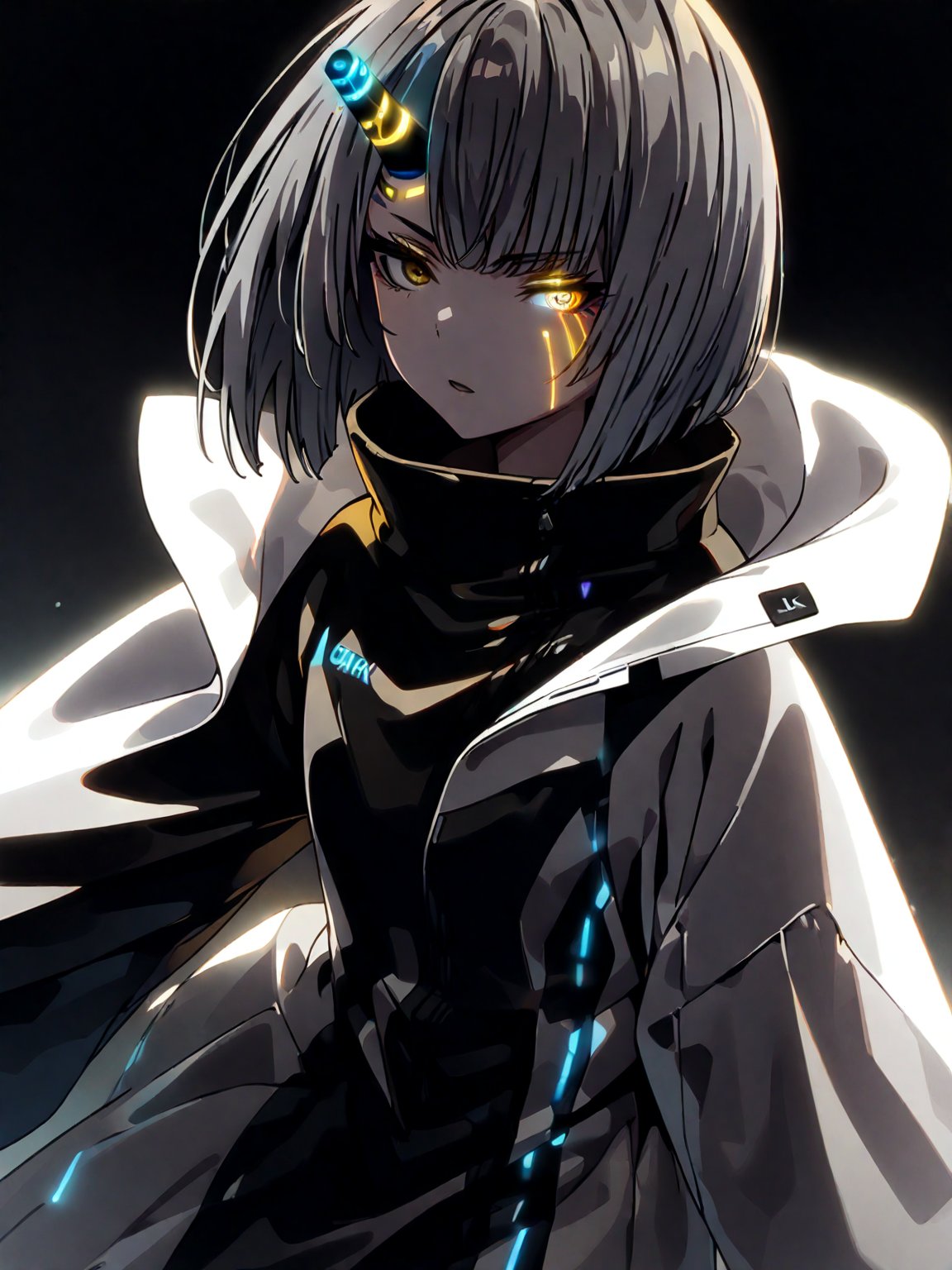 best quality, 8k, 8k UHD, ultra-high resolution, ultra-high definition, highres
,//Character, 
1girl, solo
,//Fashion, 
,//Background, 
,//Others, ,Expressiveh,
Ataru, short hair, grey hair, yellow eyes, heterochromia, glowing, single horn, dress