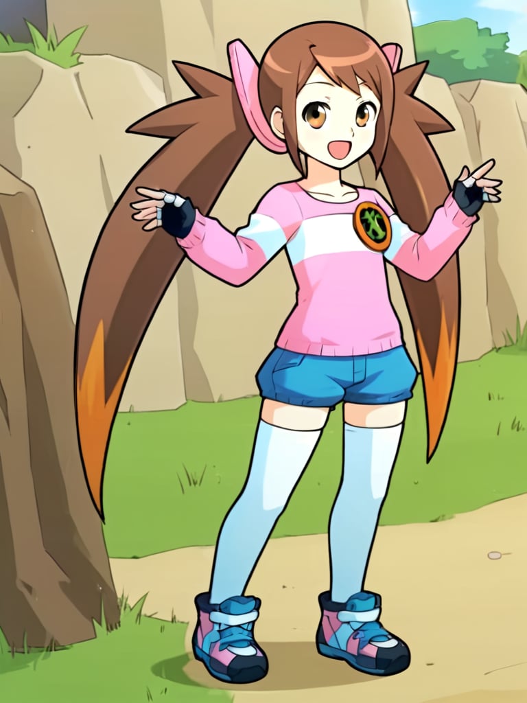 1girl, solo, pndzfemc, brown hair, long hair, twintails, brown eyes, pink shirt, striped, badge, long sleeves, blue shorts, white thighhighs, shoes, fingerless gloves, outdoors, grass, standing, full body, smile,open mouth