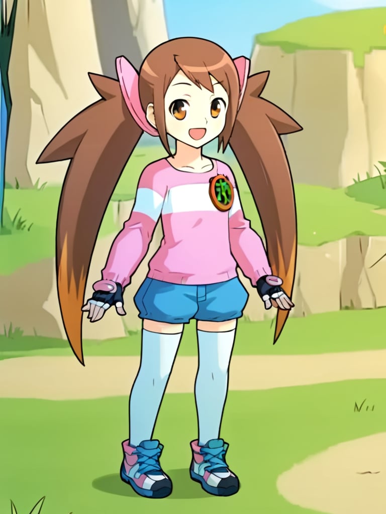 1girl, solo, pndzfemc, brown hair, long hair, twintails, brown eyes, pink shirt, striped, badge, long sleeves, blue shorts, white thighhighs, shoes, fingerless gloves, outdoors, grass, standing, full body, smile,open mouth