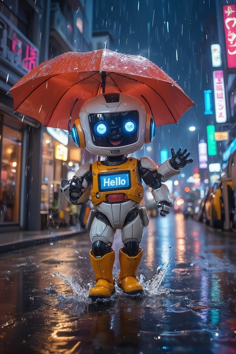 In a lively, rain-soaked street, A cute illuminated robot with an lcd screen chest with a text reading "Hello" wearing rainboots is joyfully dancing in the rain, holding an umbrella. Puddles splash around its feet. The scene is vibrant and full of energy, capturing a moment of carefree happiness. Colorful scene, with city lights in the background