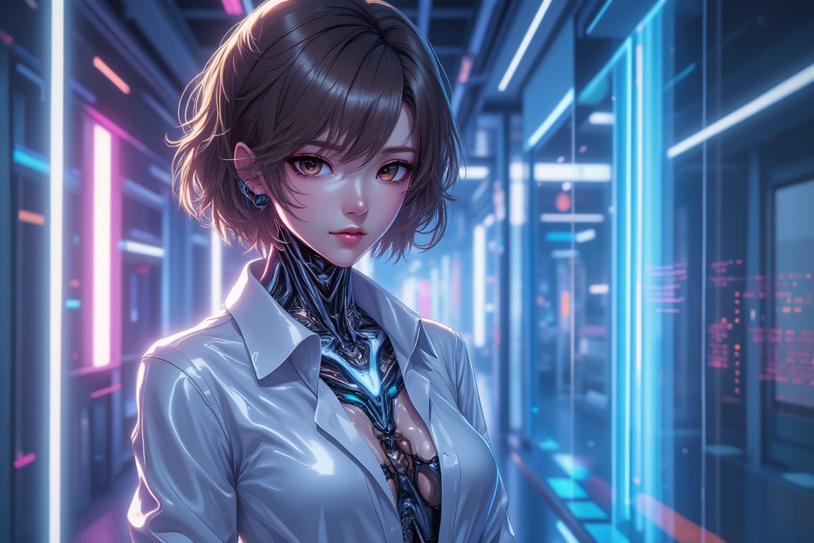 Cyberpunk female android wearing a white shirt, ((The shirt is wet and transparent)),see-through clothes, A cybernetic body can be seen underneath, light reflecting off the mirrored mechanical body, short wavy brown hair, and piercing eyes. Mechanical neck and chest with intricate details. Futuristic background with holographic elements. Anime style, high-contrast lighting, detailed mechanical parts, elegant yet robot-like poses, and a sophisticated and mysterious atmosphere.,