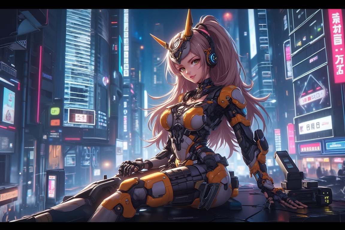 full shot with full limbs, 1 girl, dramatic lighting, Mecha camera, Honey Mecha, set against a perfect super high tech city background,