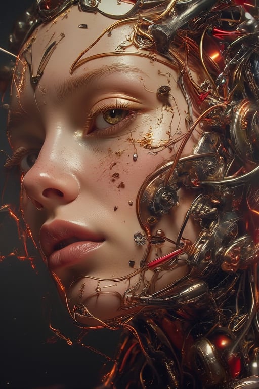 Please create a masterpiece, stunning beauty, perfect face, epic love, Slave to the machine, full-body, hyper-realistic oil painting, vibrant colors, Body horror, wires, biopunk, cyborg by Peter Gric, Hans Ruedi Giger, Marco Mazzoni, dystopic, golden light, perfect composition, col