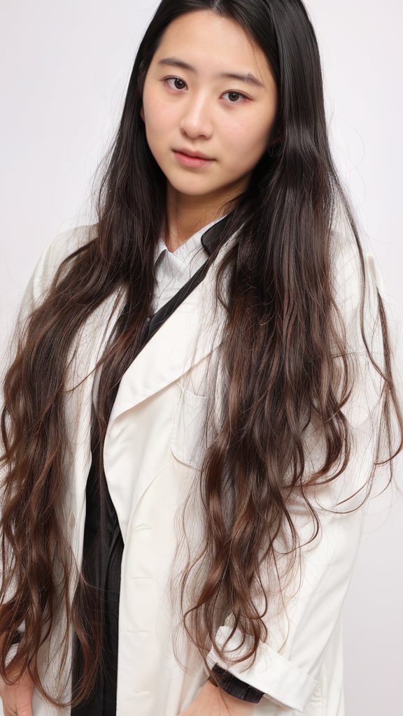 1girl, solo, long hair, looking at viewer, simple background, black hair, artist name, grey background, black eyes, lips, realistic, nose, hands in pockets, white lab coat, ((18 years old)), ((asian)) , ((POV)), ((close-up)), 