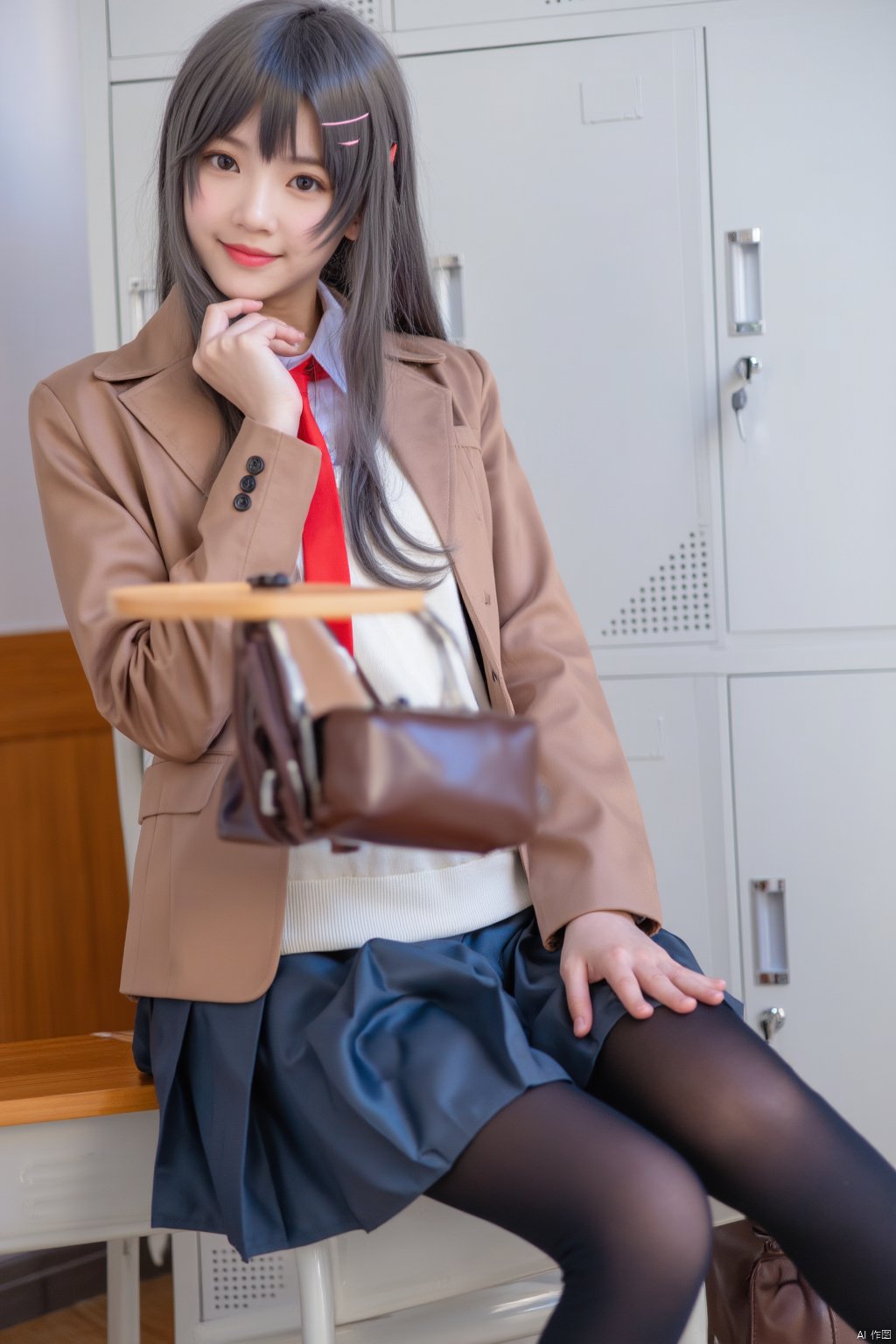 A young girl, with long black hair and bangs, sits comfortably in a chair, wearing her school uniform. She has on a white shirt with a sailor collar, pleated blue skirt, brown pantyhose, and black loafers. A brown blazer hangs open over the uniform, and she holds a bag in one hand. Her brown eyes meet the viewer's gaze, and her full lips curve into a gentle smile. A red necktie adds a pop of color to her outfit.