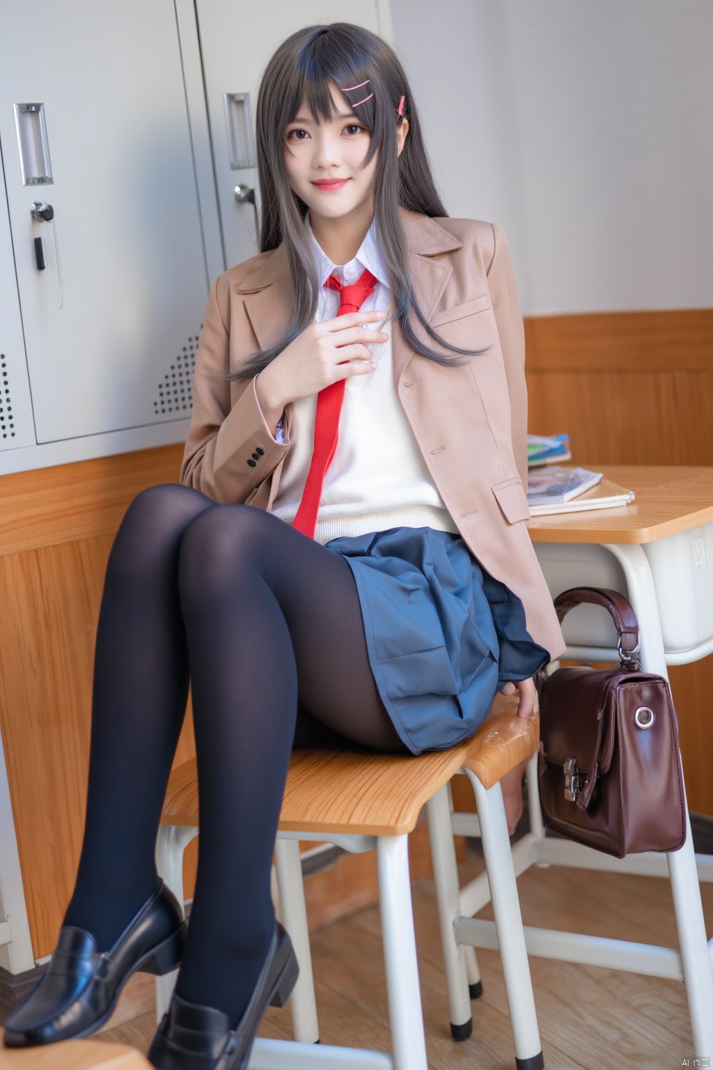 A young girl, with long black hair and bangs, sits comfortably in a chair, wearing her school uniform. She has on a white shirt with a sailor collar, pleated blue skirt, brown pantyhose, and black loafers. A brown blazer hangs open over the uniform, and she holds a bag in one hand. Her brown eyes meet the viewer's gaze, and her full lips curve into a gentle smile. A red necktie adds a pop of color to her outfit.