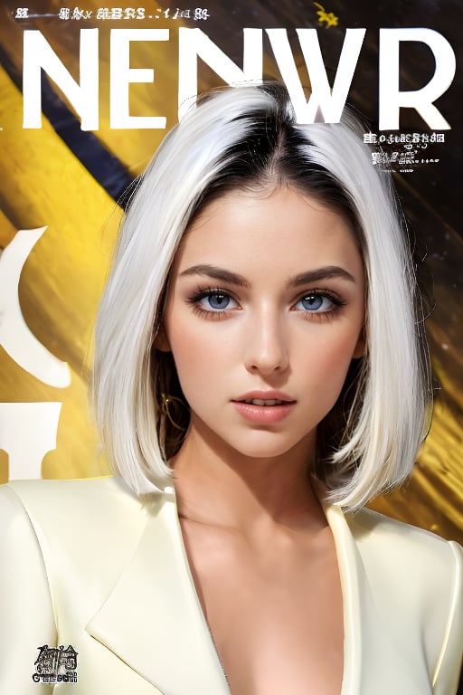 1girl, solo, upper body, white hair, lips, traditional media, reality, pop idol magazine, title font "New Lora Is Coming", attractive cover with beauty characters,jpop cover 80s,金髮熟女的笑容,露齒藍眼金髮美女