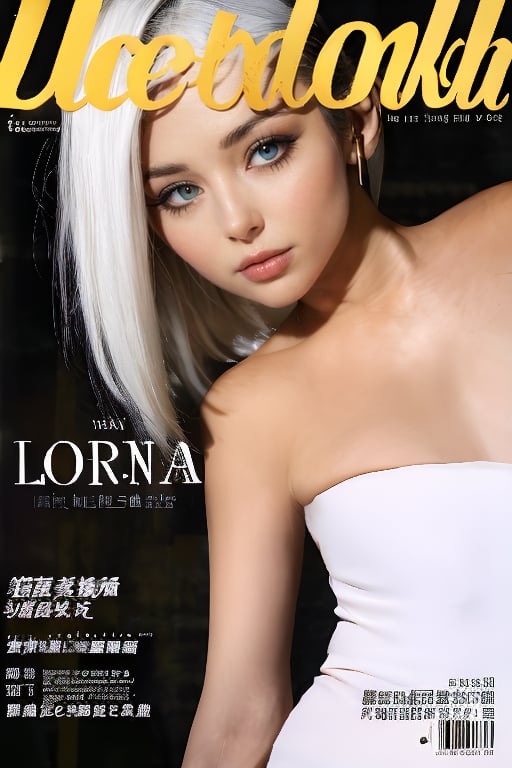 1girl, solo, upper body, white hair, lips, traditional media, reality, pop idol magazine, title font "New Lora Is Coming", attractive cover with beauty characters,jpop cover 80s,金髮熟女的笑容,露齒藍眼金髮美女