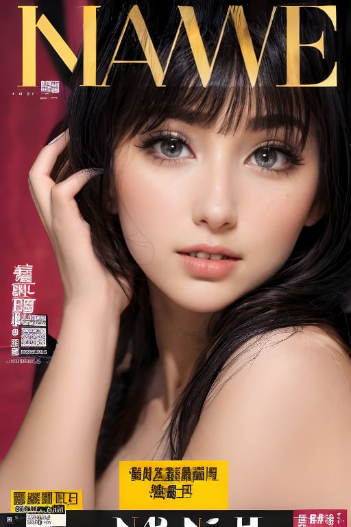 1girl, solo, upper body, white hair, lips, traditional media, reality, pop idol magazine, title font "New Lora Is Coming", attractive cover with beauty characters,jpop cover 80s,金髮熟女的笑容,露齒藍眼金髮美女