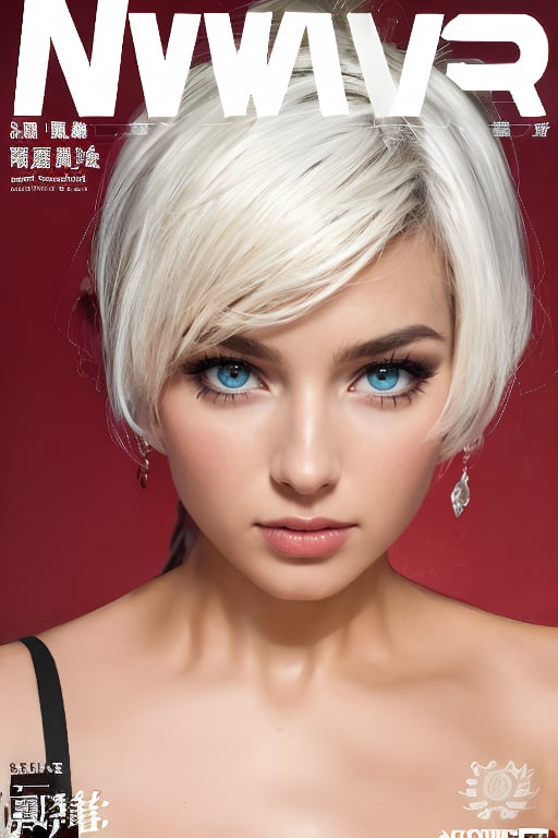 1girl, solo, upper body, white hair, lips, traditional media, reality, pop idol magazine, title font "New Lora Is Coming", attractive cover with beauty characters,jpop cover 80s,金髮熟女的笑容,露齒藍眼金髮美女