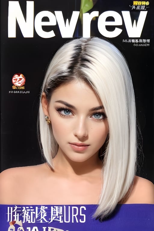 1girl, solo, upper body, white hair, lips, traditional media, reality, pop idol magazine, title font "New Lora Is Coming", attractive cover with beauty characters,jpop cover 80s,金髮熟女的笑容,露齒藍眼金髮美女