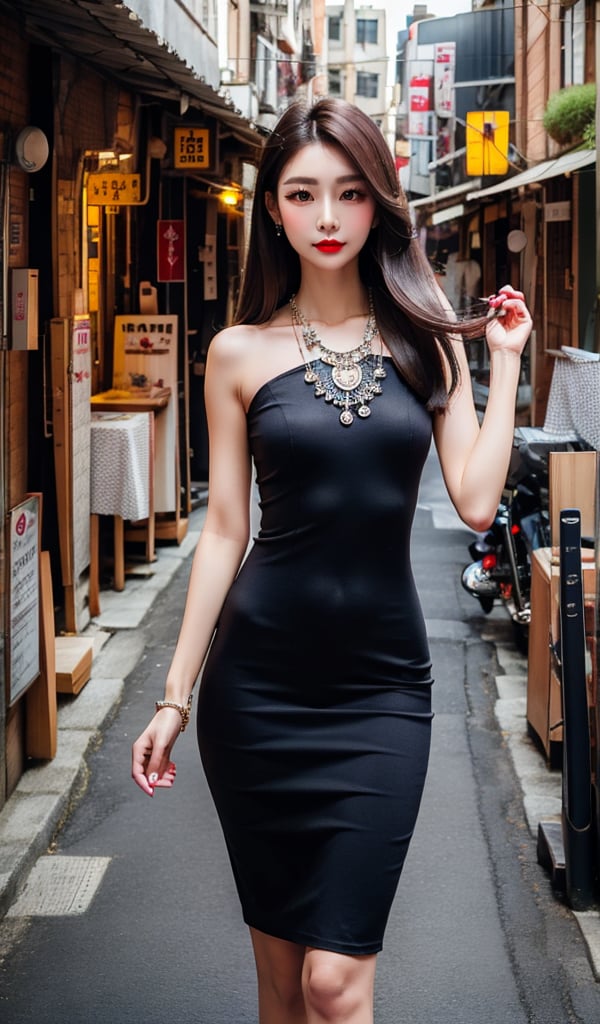 1slim lady with beautiful face, straight hair, wearing dress, delicate necklace, dark hair, lip stain, city scene, on alley, old town, solo, best quality, high resolution,