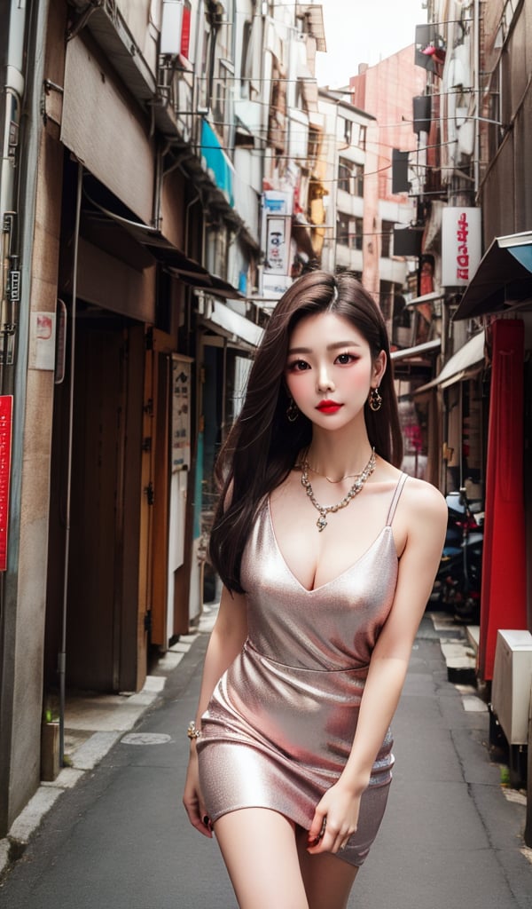 1slim lady with beautiful face, straight hair, wearing dress, delicate necklace, dark hair, lip stain, city scene, on alley, old town, solo, best quality, high resolution,