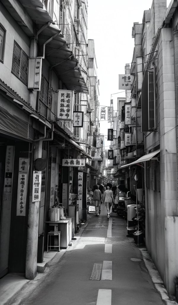 city scene, on alley, old Taipei, shop sign, real world location, best quality, high resolution, black and white filter