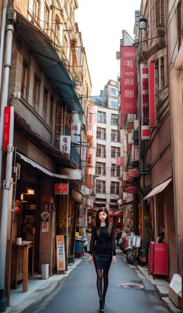 1slim lady with beautiful face, straight hair, dark hair, lip stain, city scene, on alley, old town, shop sign, solo, best quality, high resolution, low chroma filter