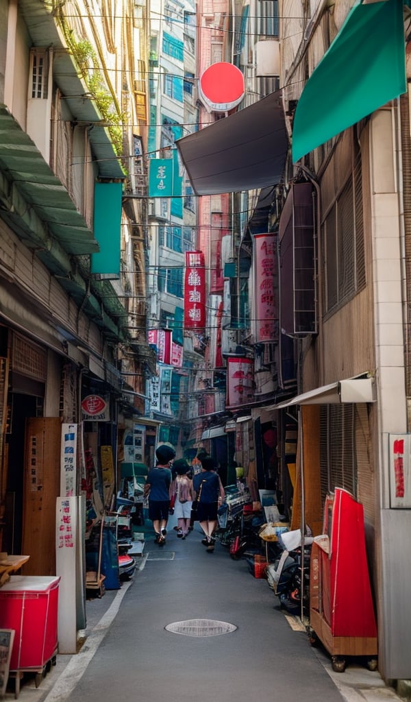 city scene, on alley, old Taipei, shop sign, solo, best quality, high resolution, low chroma filter