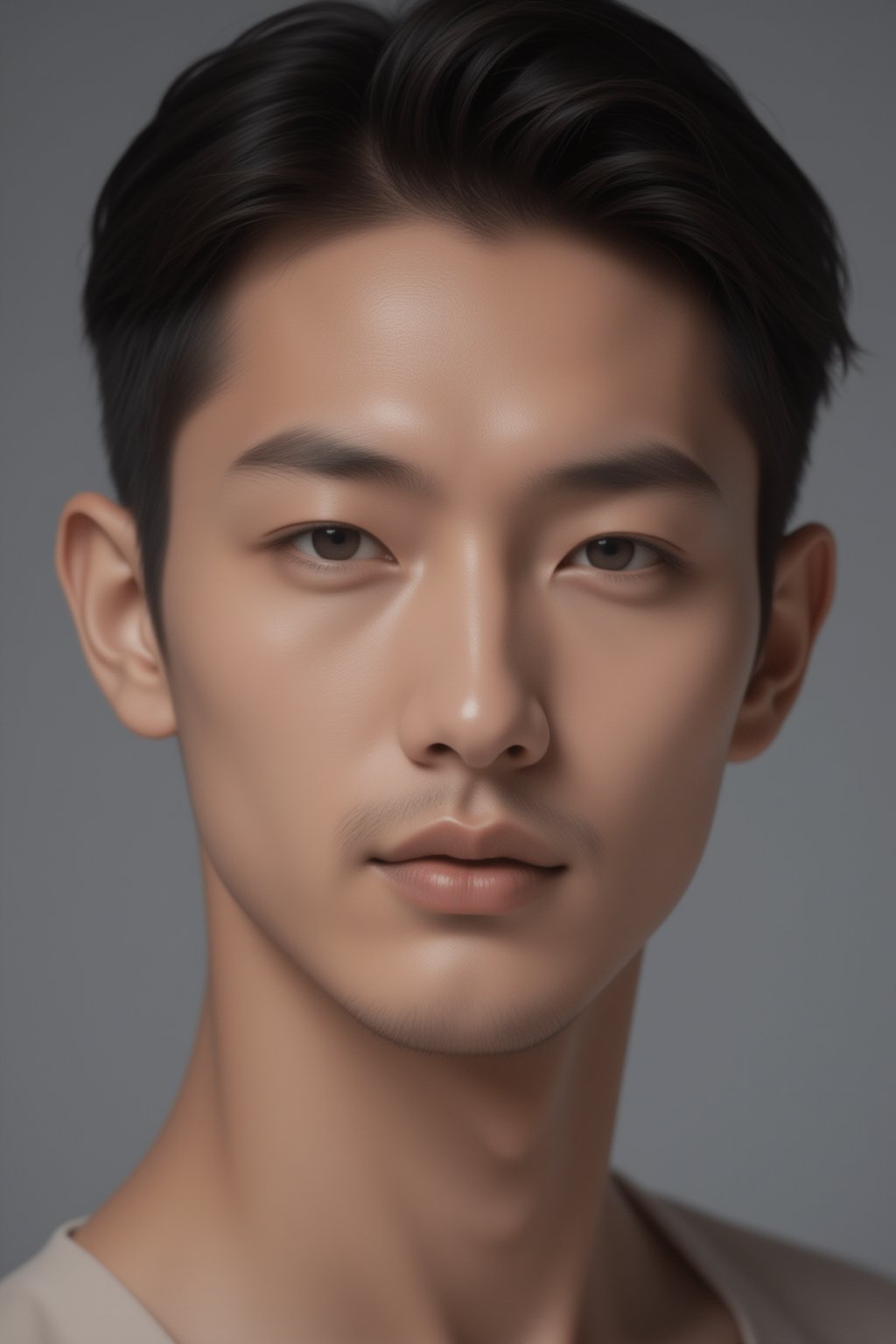 Close-up shot of a handsome Japanese male model, sharp jawline, expressive eyes, perfect skin texture, well-groomed hair, soft lighting to emphasize facial features, neutral gray background, highly detailed, photorealistic portrait, intense focus on facial structure,FuturEvoLabBeautify