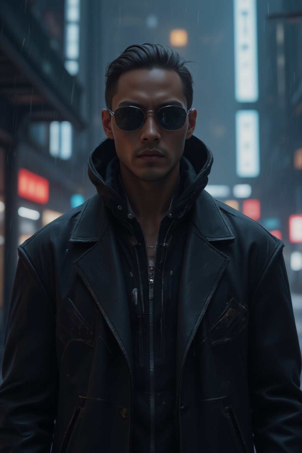 A close-up shot of a man wearing sleek black sunglasses and a long, flowing black leather trench coat, reminiscent of characters from *The Matrix*. His expression is stoic, exuding a sense of mystery and power. The futuristic coat is detailed with subtle metallic accents and cybernetic enhancements visible on his neck and collar. The background features a dark, dystopian city with neon lights reflecting off his sunglasses, digital rain falling, and towering skyscrapers in the distance, evoking a cyberpunk atmosphere. The scene is intense and filled with a futuristic, high-tech vibe, focusing on the man's upper body and head, capturing his presence and confidence.,FuturEvoLabScene