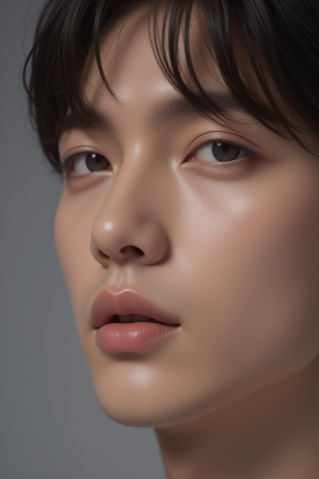 Close-up shot of a handsome Japanese male model, sharp jawline, expressive eyes, perfect skin texture, well-groomed hair, soft lighting to emphasize facial features, neutral gray background, highly detailed, photorealistic portrait, intense focus on facial structure,FuturEvoLabBeautify