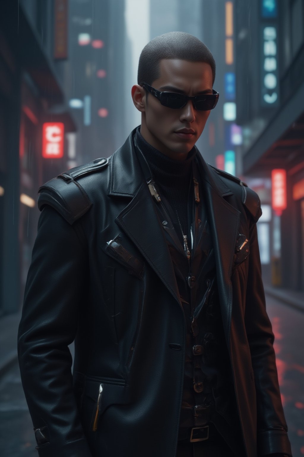 A close-up shot of a man wearing sleek black sunglasses and a long, flowing black leather trench coat, reminiscent of characters from *The Matrix*. His expression is stoic, exuding a sense of mystery and power. The futuristic coat is detailed with subtle metallic accents and cybernetic enhancements visible on his neck and collar. The background features a dark, dystopian city with neon lights reflecting off his sunglasses, digital rain falling, and towering skyscrapers in the distance, evoking a cyberpunk atmosphere. The scene is intense and filled with a futuristic, high-tech vibe, focusing on the man's upper body and head, capturing his presence and confidence.,FuturEvoLabScene