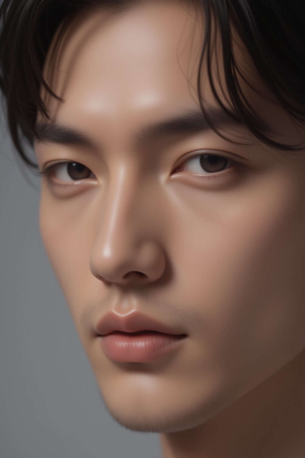 Close-up shot of a handsome Japanese male model, sharp jawline, expressive eyes, perfect skin texture, well-groomed hair, soft lighting to emphasize facial features, neutral gray background, highly detailed, photorealistic portrait, intense focus on facial structure,FuturEvoLabBeautify