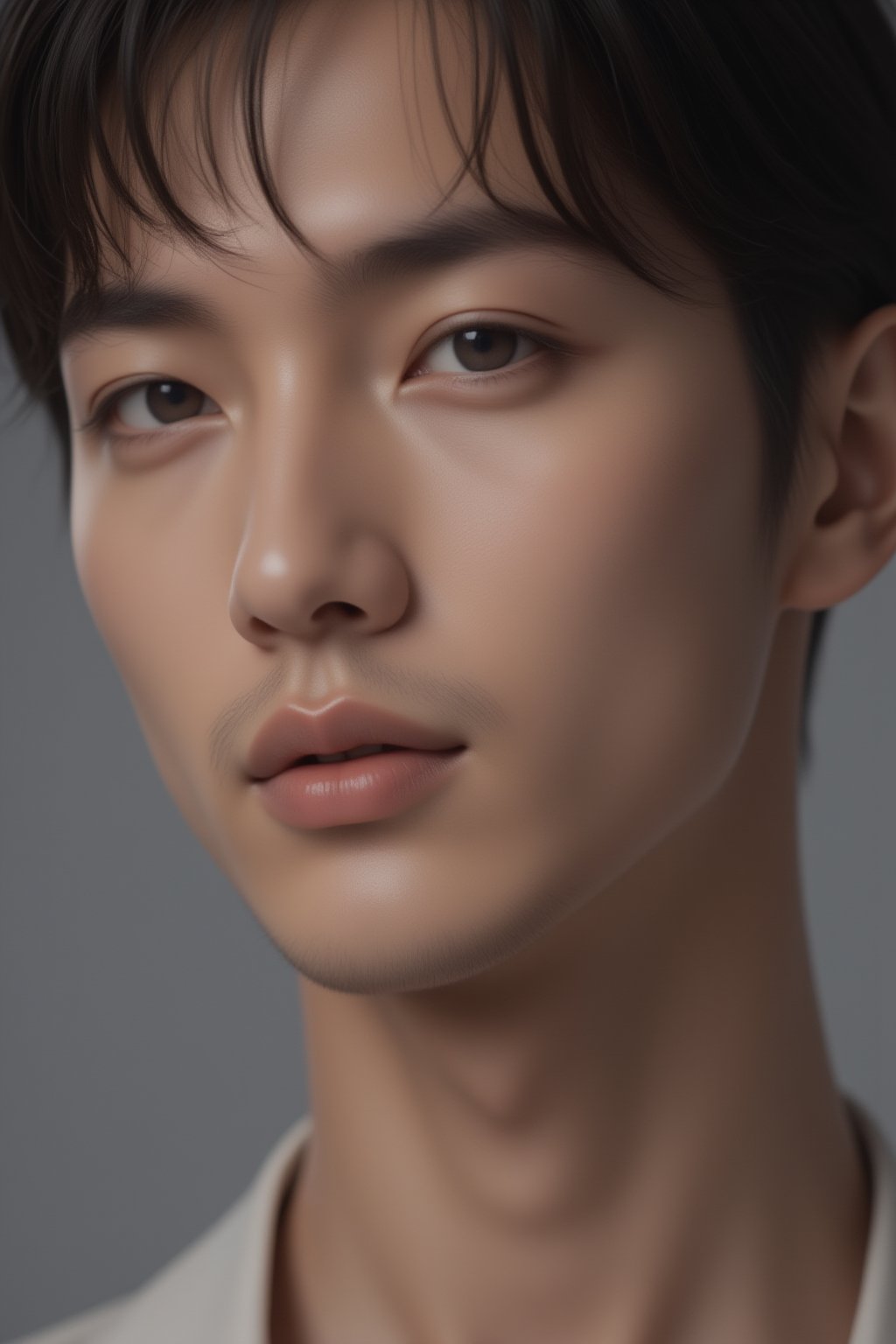 Close-up shot of a handsome Japanese male model, sharp jawline, expressive eyes, perfect skin texture, well-groomed hair, soft lighting to emphasize facial features, neutral gray background, highly detailed, photorealistic portrait, intense focus on facial structure,FuturEvoLabBeautify