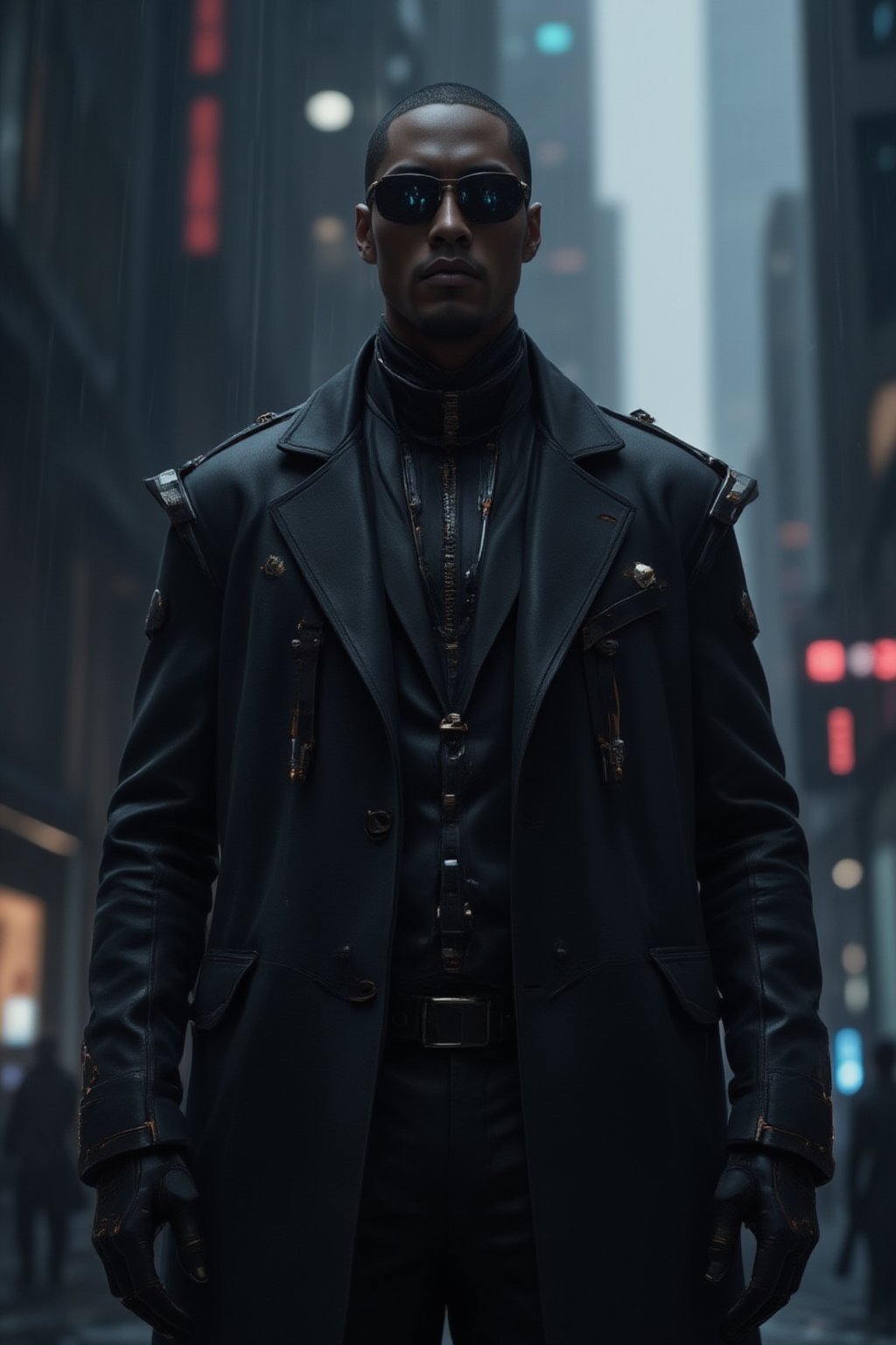 A close-up shot of a man wearing sleek black sunglasses and a long, flowing black leather trench coat, reminiscent of characters from *The Matrix*. His expression is stoic, exuding a sense of mystery and power. The futuristic coat is detailed with subtle metallic accents and cybernetic enhancements visible on his neck and collar. The background features a dark, dystopian city with neon lights reflecting off his sunglasses, digital rain falling, and towering skyscrapers in the distance, evoking a cyberpunk atmosphere. The scene is intense and filled with a futuristic, high-tech vibe, focusing on the man's upper body and head, capturing his presence and confidence.,FuturEvoLabScene