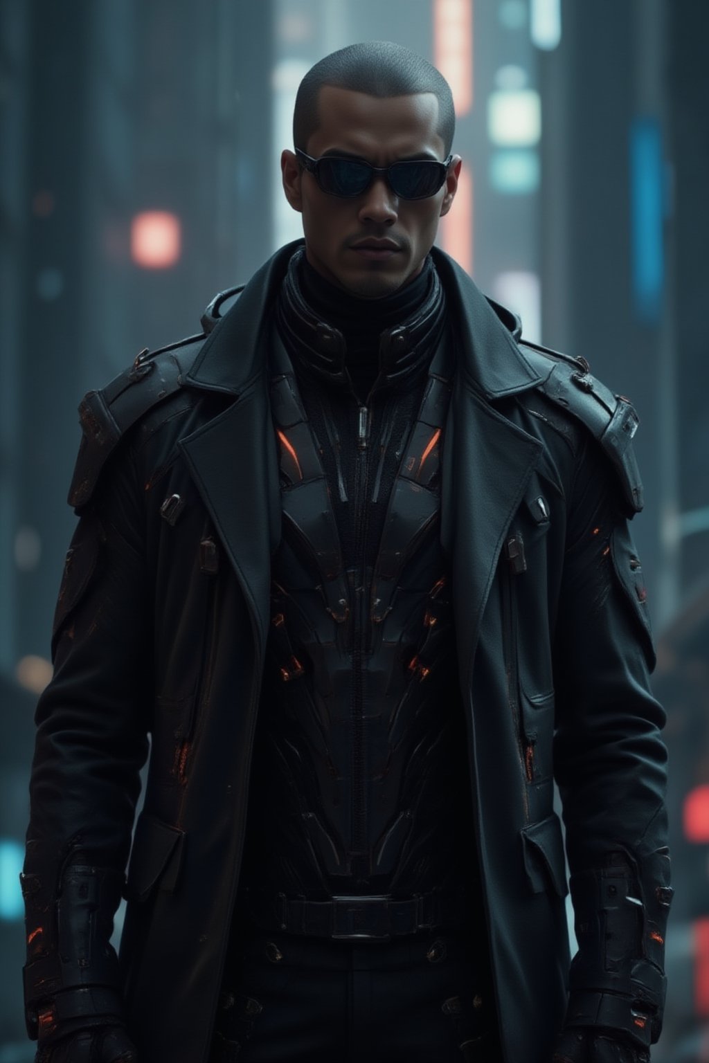 A close-up shot of a man wearing sleek black sunglasses and a long, flowing black leather trench coat, reminiscent of characters from *The Matrix*. His expression is stoic, exuding a sense of mystery and power. The futuristic coat is detailed with subtle metallic accents and cybernetic enhancements visible on his neck and collar. The background features a dark, dystopian city with neon lights reflecting off his sunglasses, digital rain falling, and towering skyscrapers in the distance, evoking a cyberpunk atmosphere. The scene is intense and filled with a futuristic, high-tech vibe, focusing on the man's upper body and head, capturing his presence and confidence.,FuturEvoLabScene,FuturEvoLabNinja