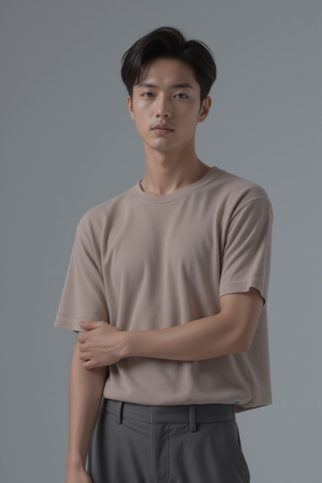 Half-body shot of a handsome Japanese male model, posing with confidence, sharp facial features, stylish outfit, focused on upper body and arms, neutral gray background, professional lighting, photorealistic, detailed skin texture, well-groomed appearance,FuturEvoLabBeautify