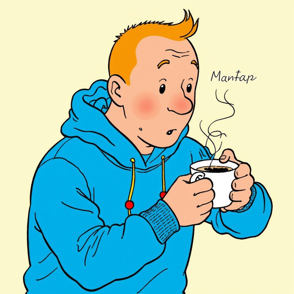 titin_style, A cartoon drawing of A man in a blue hooded sweatshirt drink a cup of caffe with text at the cup "Mantap".
