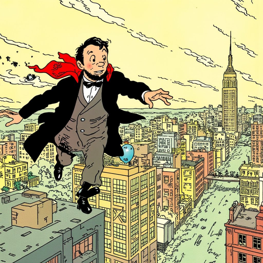 titin_style, A cartoon abraham lincoln flying above new york city