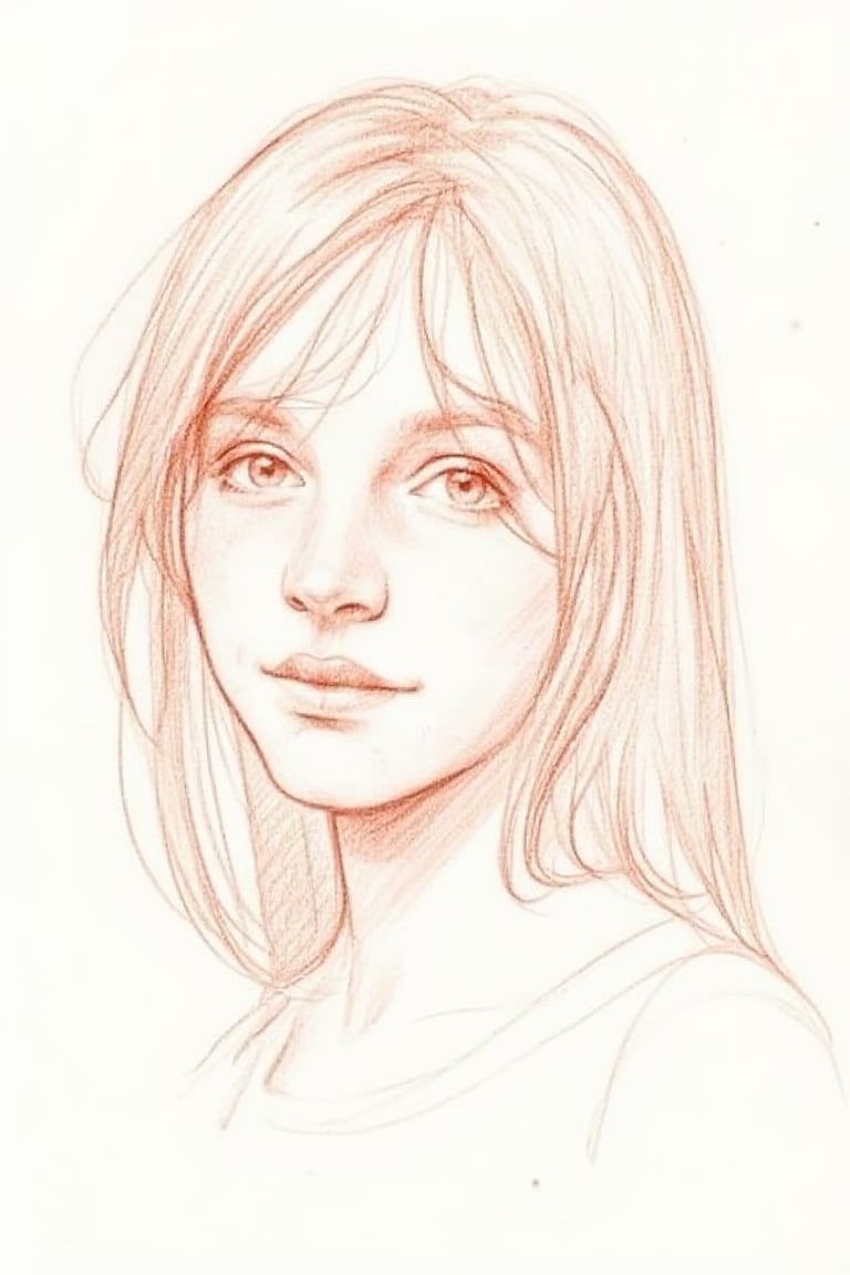 Pencil drawing,  brown graphite medium, simple sketch, guide lines, portrait of a 13 year old girl.