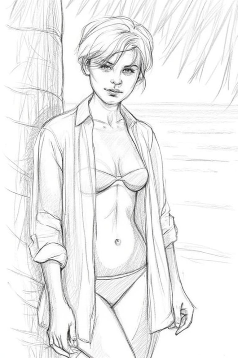 Pencil drawing, graphite medium, sketch, crosshatching, a 15 year old girl, short blonde hair, leaning against a palm tree. Wearing a long see-through shirt on top of a revealing string bikini. Tropical beach, ocean. 