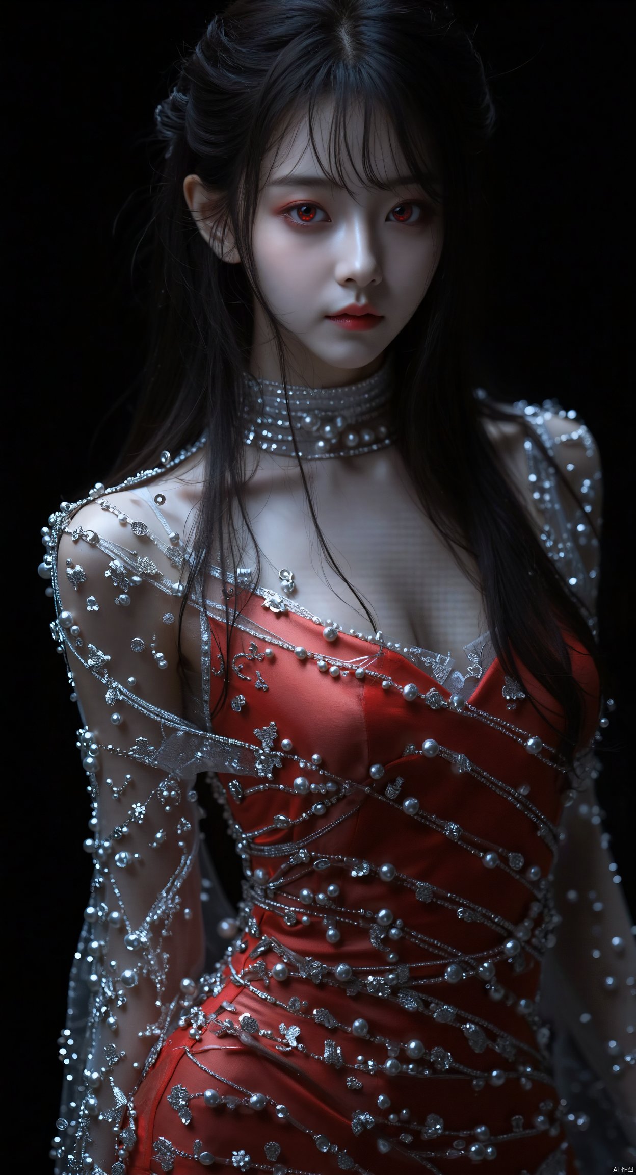 fantasy art,a close-up shot of a young Asian woman with long dark hair
wearing a red dress adorned with silver beads and pearls. Her dress is adorned with a sheer white top that is draped across her body. The backdrop is a deep black
creating a stark contrast to the woman's dress. The woman's eyes are a deep red
adding a pop of color to the otherwise monochromatic image