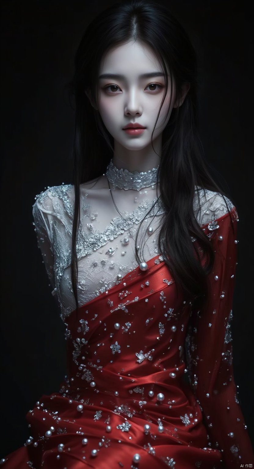 fantasy art,a close-up shot of a young Asian woman with long dark hair
wearing a red dress adorned with silver beads and pearls. Her dress is adorned with a sheer white top that is draped across her body. The backdrop is a deep wathet
creating a stark contrast to the woman's dress. The woman's eyes are a deep red
adding a pop of color to the otherwise monochromatic image