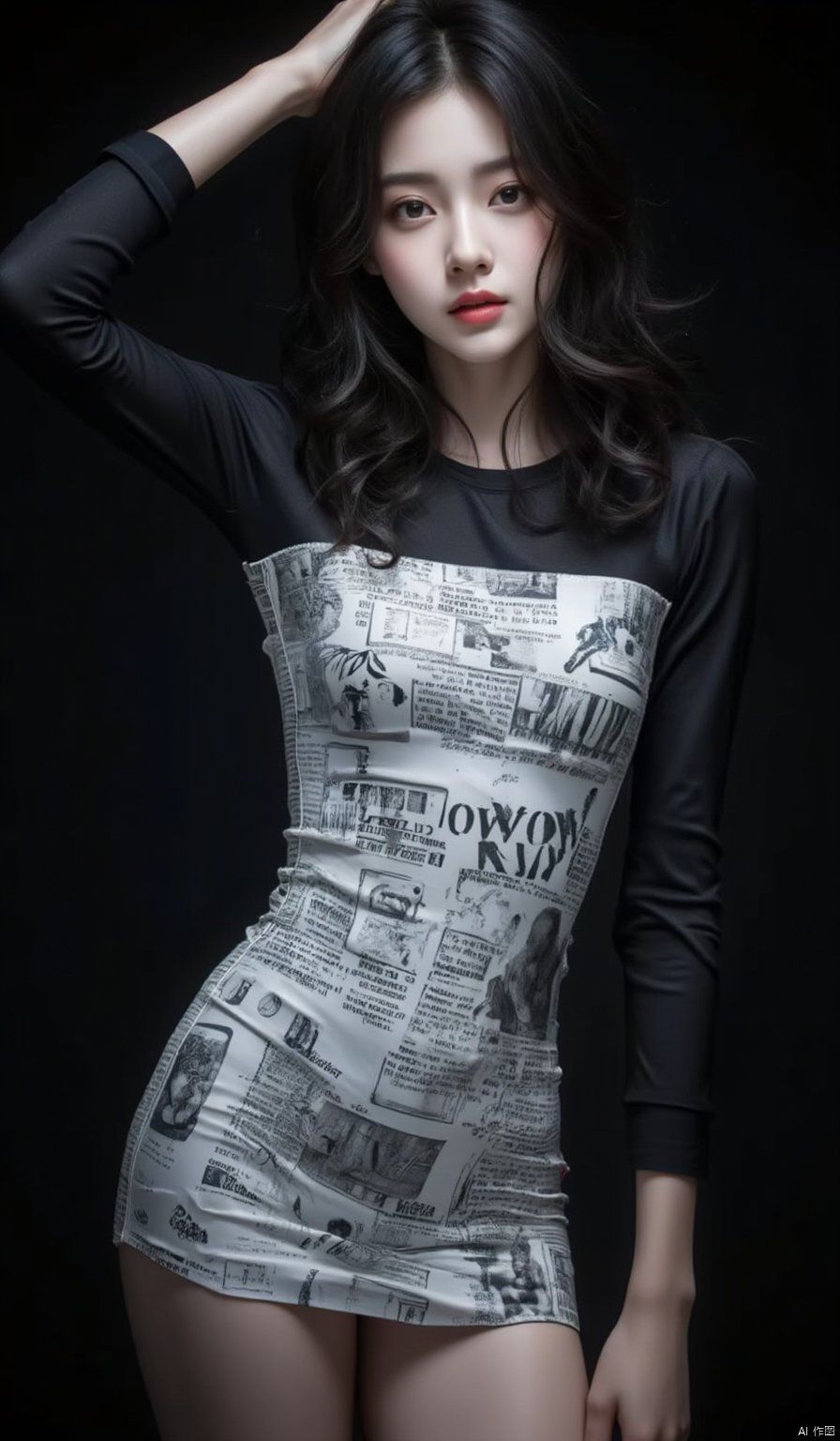 This is a high-resolution portrait of a modern style, featuring a young woman. She is wearing a tight dress printed with English and patterns, the pattern of which resembles a newspaper. Her hair is black, falling over her shoulders, and she has one hand resting on the back of her head while the other hangs naturally by her side. Her eyes are fixed on the camera, and her expression is calm. She appears to be between the ages of 20 and 30, Low cut outfit, medium breast size, slim in figure, with delicate features, and fair skin. Her eyes are brown, and her lips are tinted with a subtle shade of red lipstick. Her hair falls to her shoulders, with a deep brown color, styled in loose waves without bangs. The background is dark, giving a mysterious feel.,1girl