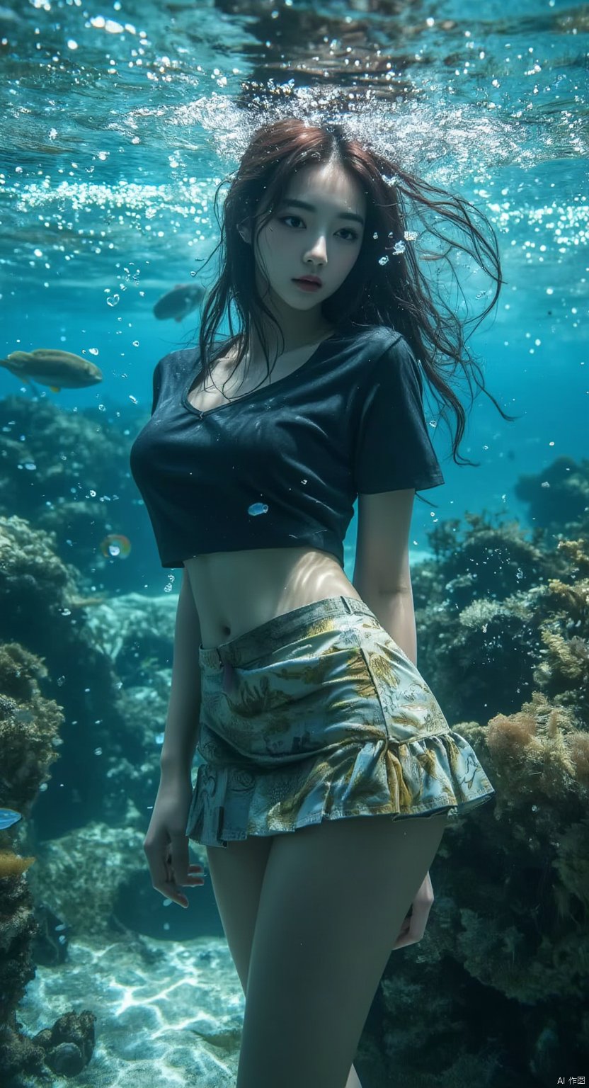 1girl,underwater,hip skirt,shirt,Coral reef