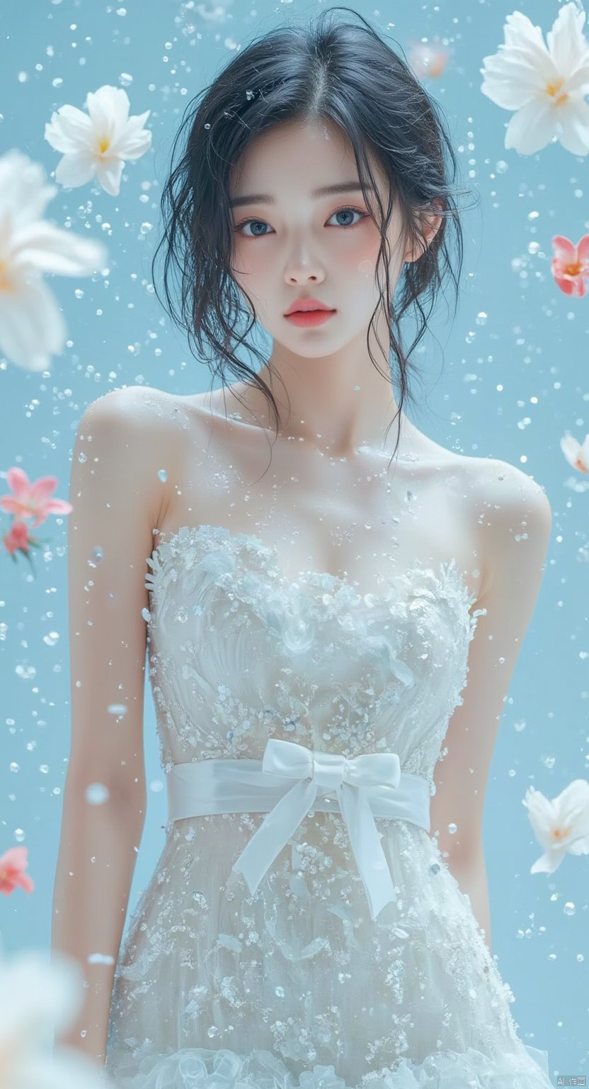 a woman in a white strapless dress adorned with a white bow stands in front of a backdrop of water droplets. Her hair is styled in a sleek bob and her eyes are a piercing blue. Her dress is adorned with white embroidery adding a touch of sparkle to the scene. The backdrop is a light blue with a scattering of white and red flowers floating in the air.