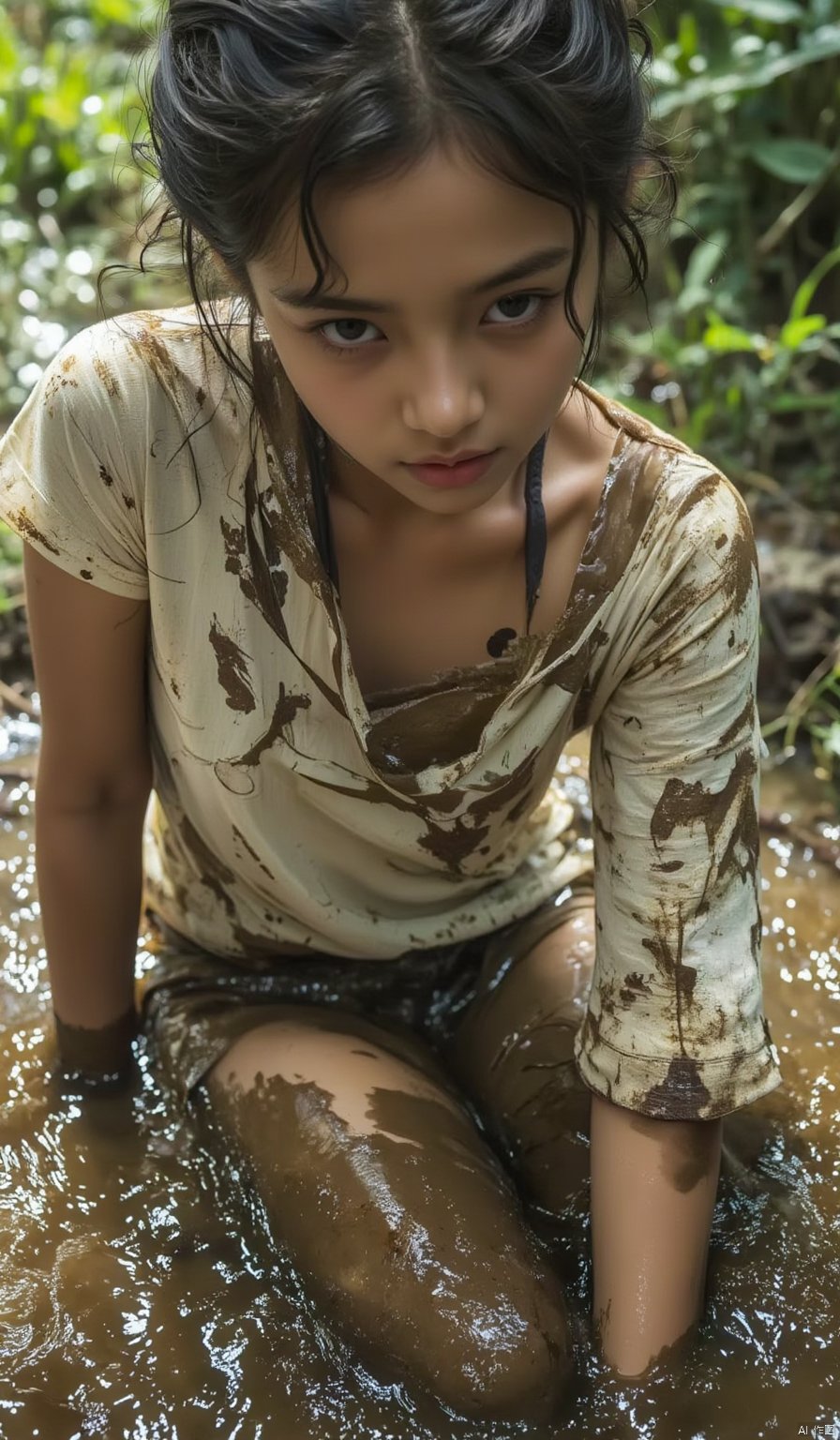 1girl, shirt, dirty water, sitting