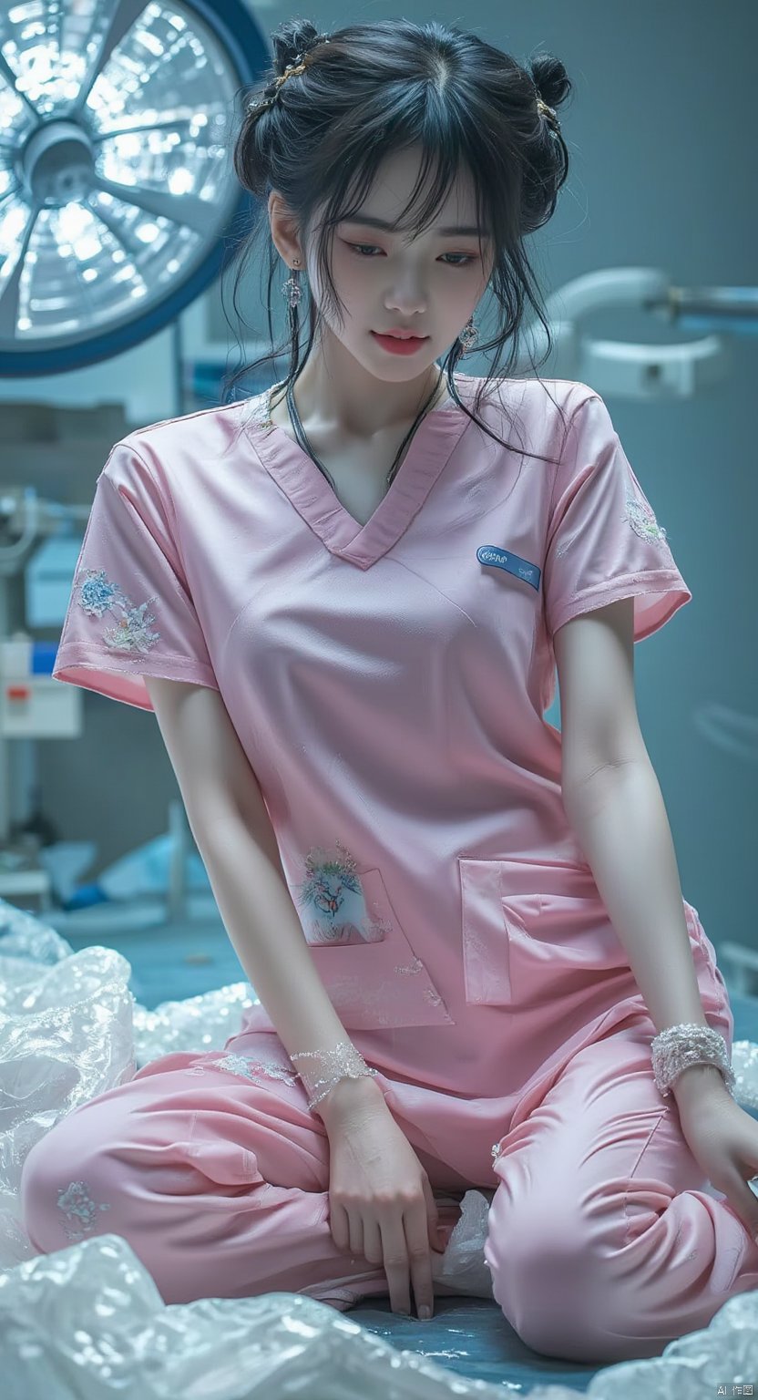 photo,Ultra-realistic,1girl,A shy smile,chinese hanfu,Bare shoulder, operating room,quiet,Cheerfulness,(in surgery), medium breasts, pink nurse uniform, kneeling,