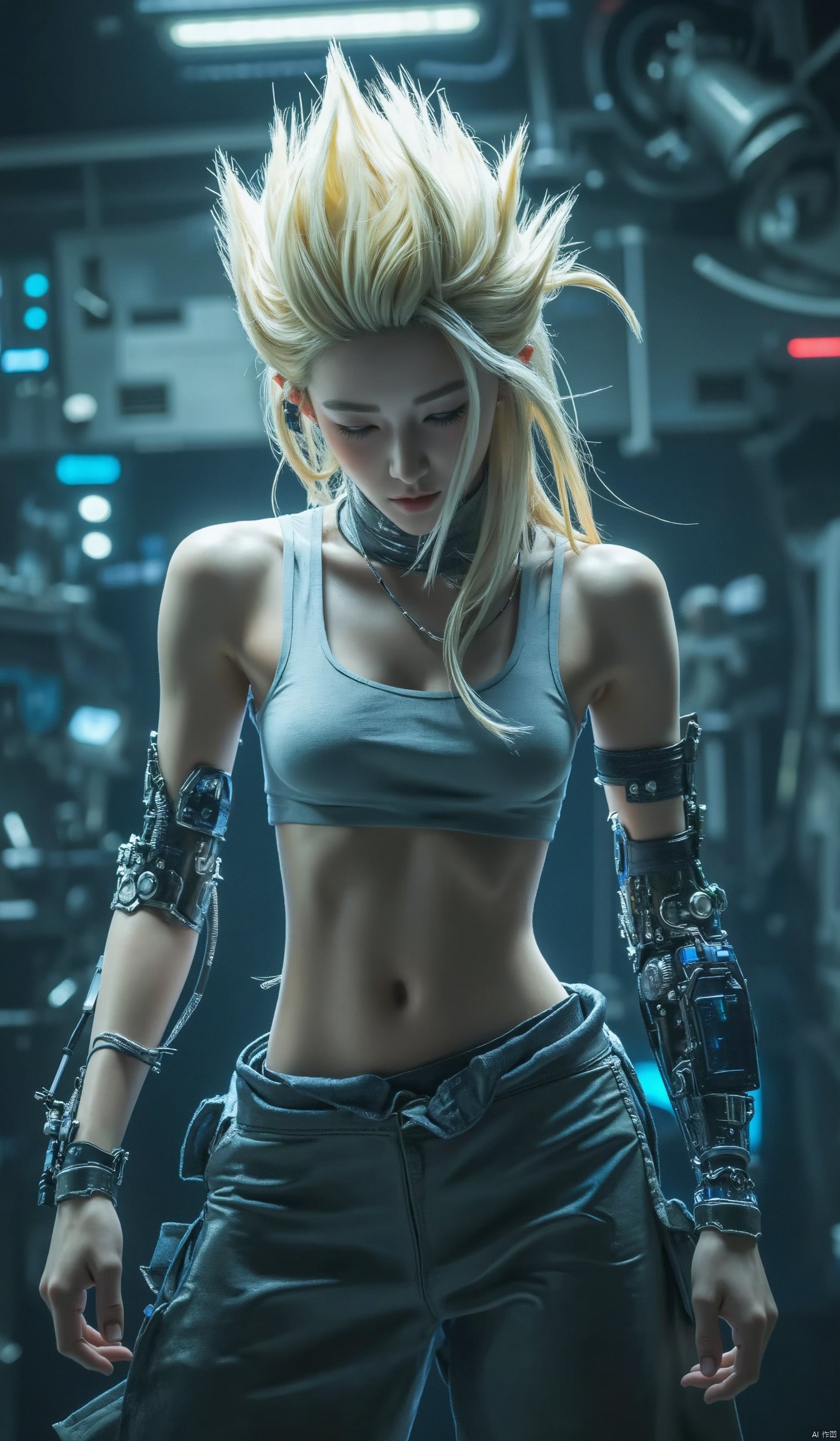 1girl,A female version of the Super Saiyan, with erect golden hair, golden eyebrows,Sleeveless shirt, pants, closed eyes, midriff, arms up, mechanical arms,Laboratory, science fiction, blue light