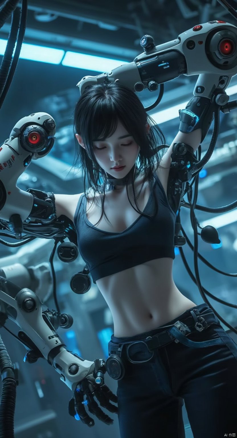 1girl, solo, black hair, navel, closed eyes, midriff, arms up, mechanical arms,Laboratory, science fiction, blue light