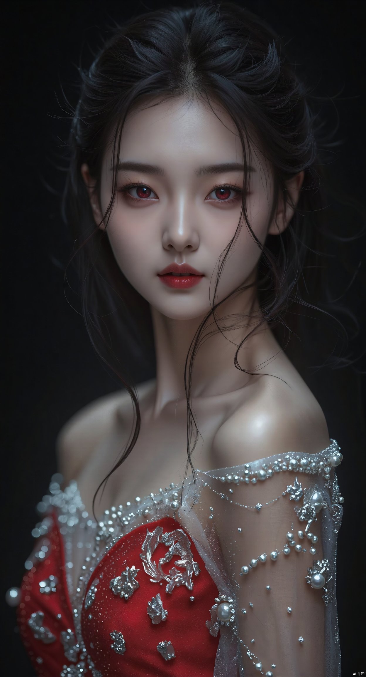 fantasy art,a close-up shot of a young Asian woman with long dark hair
wearing a red dress adorned with silver beads and pearls. Her dress is adorned with a sheer white top that is draped across her body. The backdrop is a deep black
creating a stark contrast to the woman's dress. The woman's eyes are a deep red
adding a pop of color to the otherwise monochromatic image