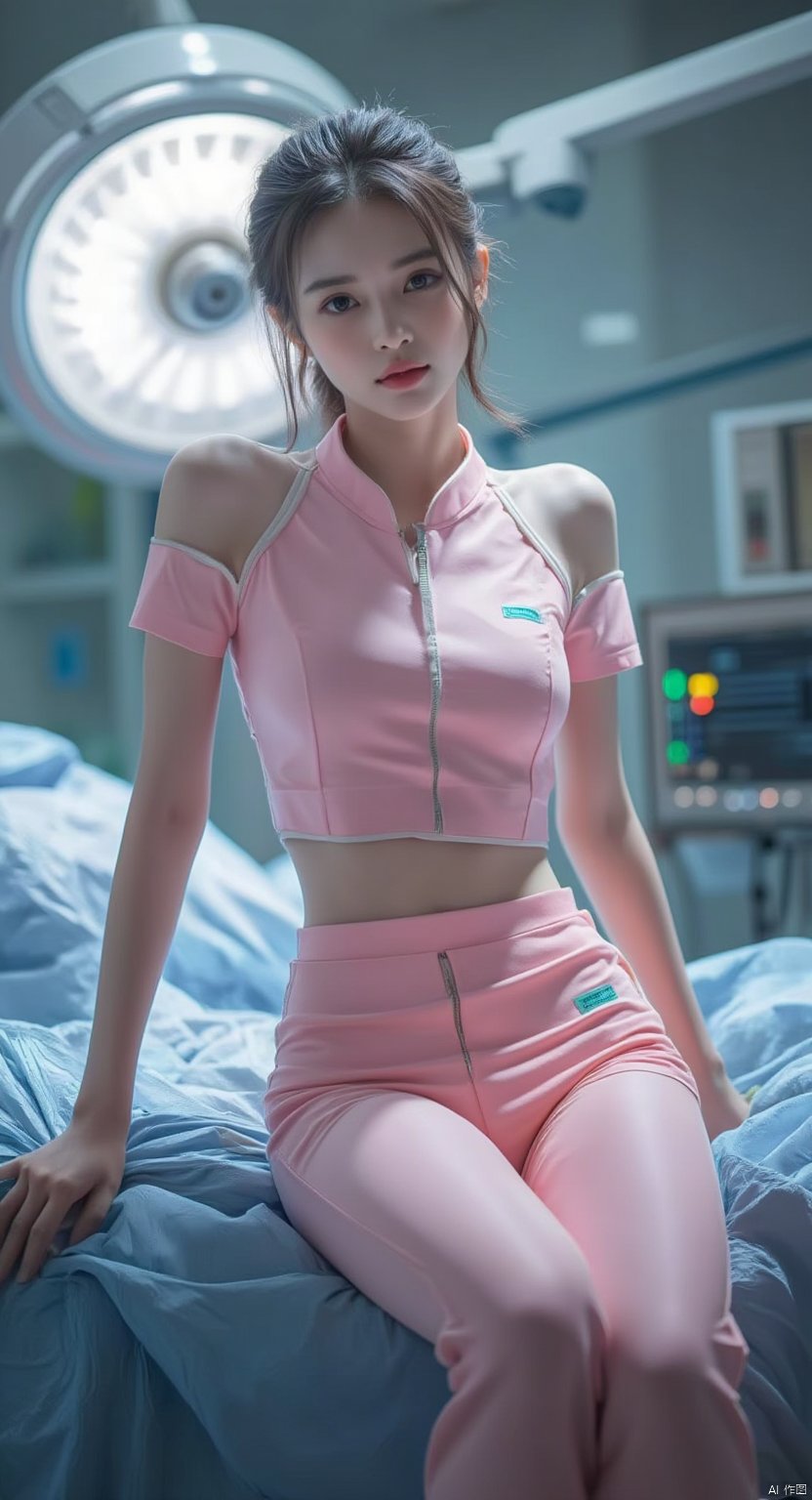 photo,Ultra-realistic,1girl,A shy smile,chinese hanfu,Bare shoulder, operating room,quiet,Cheerfulness,(in surgery), medium breasts, pink nurse uniform, kneeling,