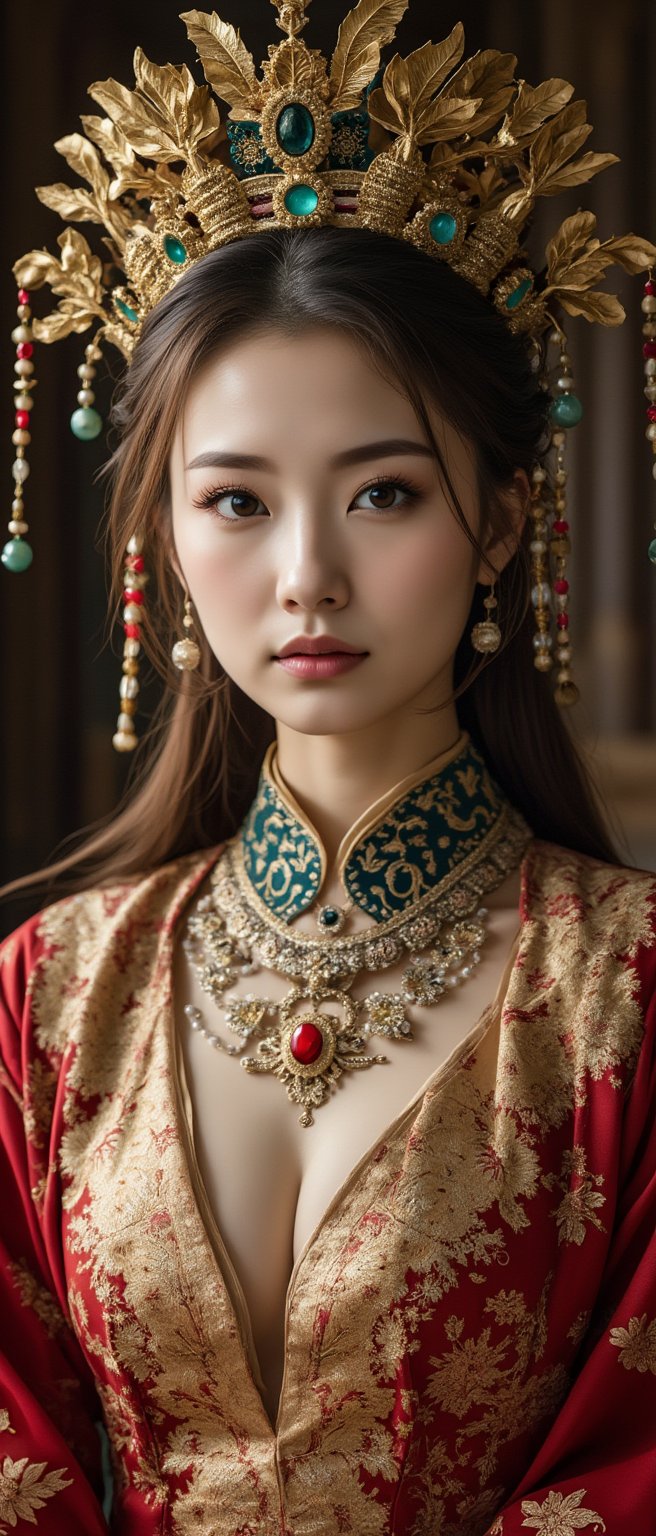 A stunning (Asian woman), wearing an opulent ancient Chinese empress costume,Her Slavic features, blue eyes and fair skin, contrast beautifully with the ornate Chinese attire, Elaborate headdress adorned with gold filigree, jade beads, and hanging pearls, Intricate phoenix crown with delicate golden leaves and gemstones,Layered silk robes in rich red and gold, embroidered with dragons and auspicious symbols, Wide, flowing sleeves with detailed embroidery, Ornate collar piece studded with precious stones,Long blonde hair partially visible beneath the headdress,Beautiful woman,Photorealistic, cinematic 