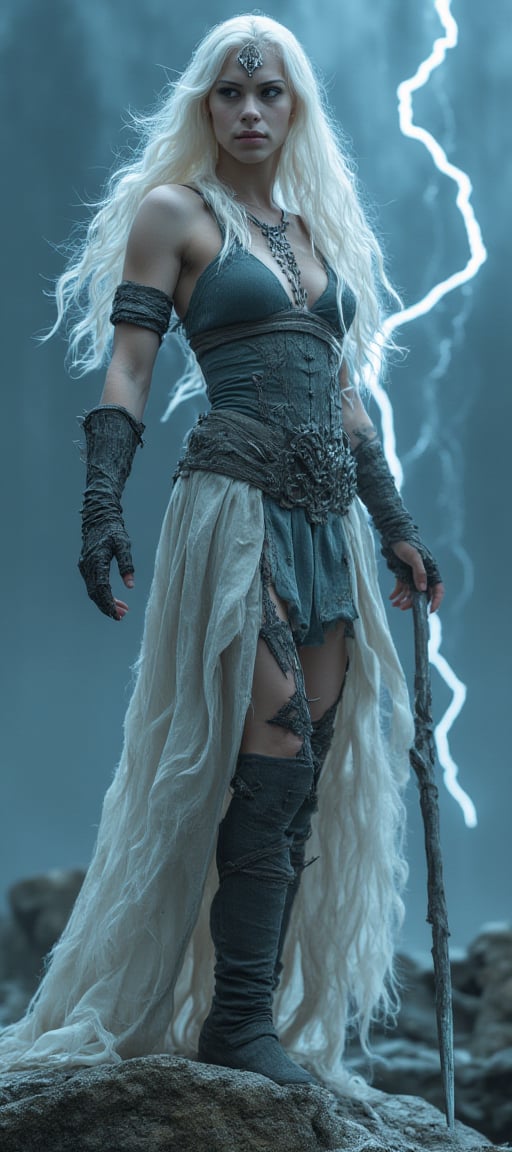 Valkyra is a towering female giantess with pale, almost translucent skin that crackles with lightning. Her long, white hair flows like storm clouds, and her eyes shine with the fury of a thousand storms. She wears a flowing, tattered cloak made of dark clouds and wields a massive spear that crackles with electricity, Flux_Thania_FV1, ((upper_body:1.5)), CLOSEUP:1.8