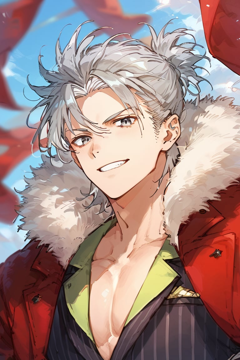 score_9, score_8_up, score_7_up, masterpiece, best quality, male focus, looking at viewer, 1boy, (smile:0.9), upper body, face close up,
takeda shingen, grey hair, grey eyes,
toned male, suit, red jacket, striped shirt, fur trim,