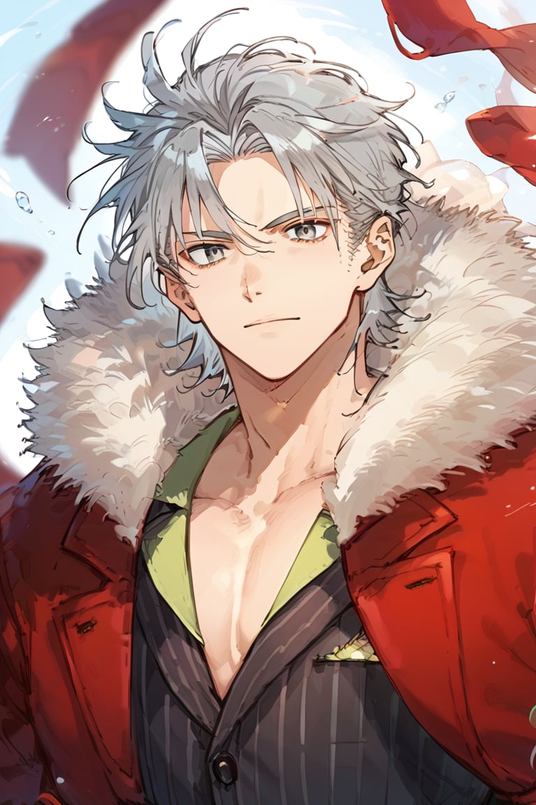 score_9, score_8_up, score_7_up, masterpiece, best quality, male focus, looking at viewer, 1boy, (smile:0.6), upper body, face close up,
takeda shingen, grey hair, grey eyes,
toned male, suit, red jacket, striped shirt, fur trim,